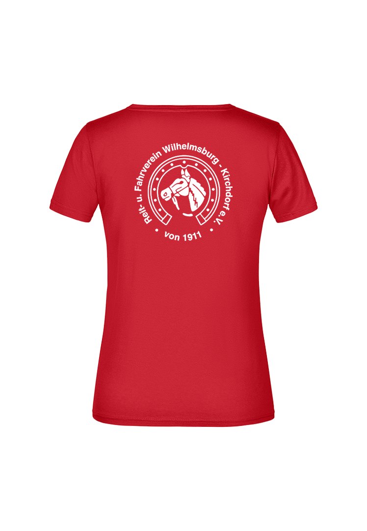 Rotes Damen-T-Shirt mit dem Logo des Reit- und Fahrvereins Wilhelmsburg-Kirchdorf