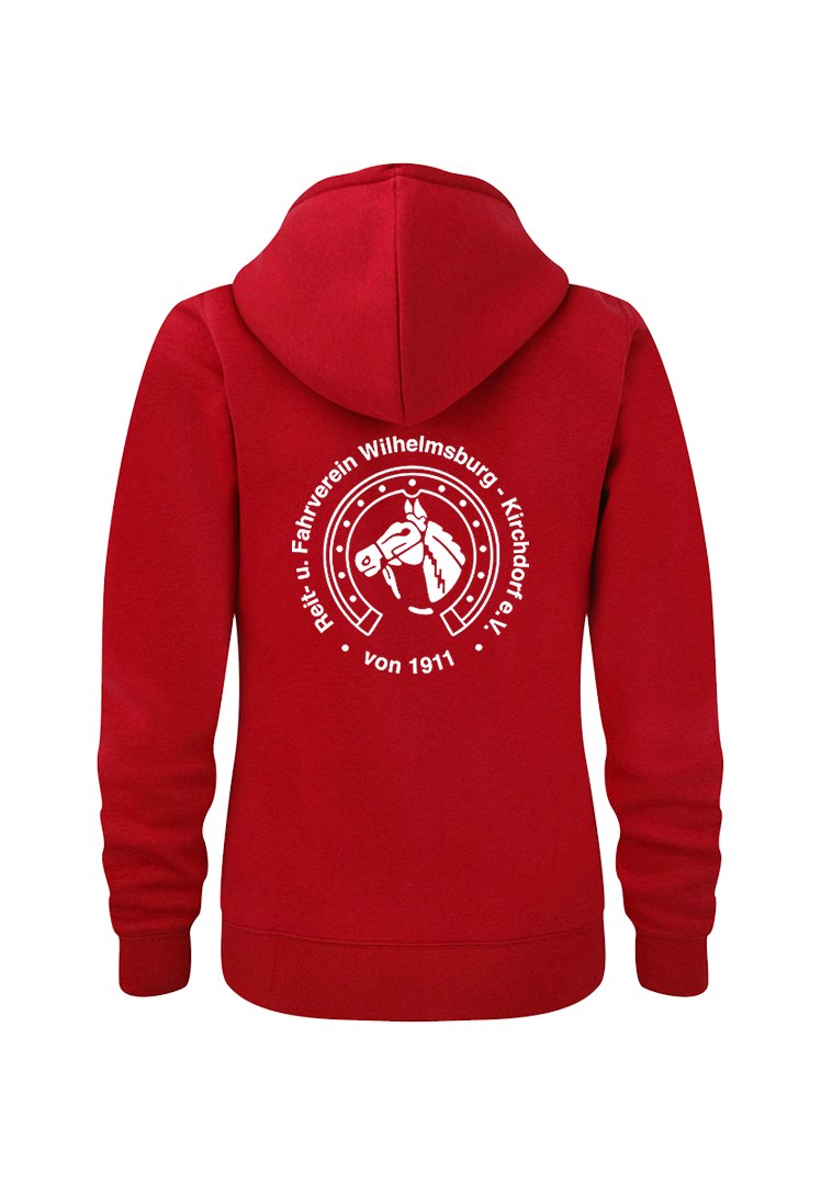 Roter Damen-Zip-Hoodie mit dem Logo des Reit- und Fahrvereins Wilhelmsburg-Kirchdorf